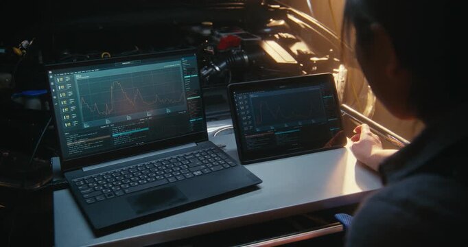 Woman Uses Dual Screen Setup, Featuring Laptop and Tablet, to Monitor Complex Engine Performance Graphs and Sensor Logs Simultaneously. Software Driven Car Maintenance, Advanced Technical Expertise.