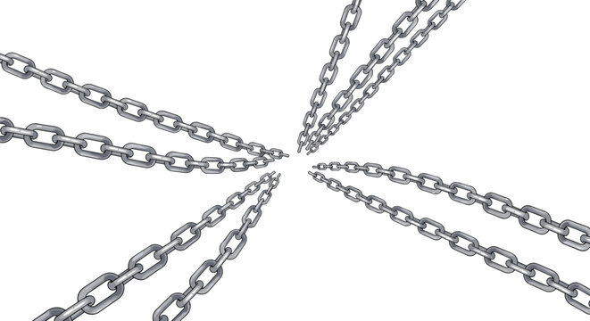 Multiple silver metal chains converging towards central point in perspective against plain white background for concept of connection.