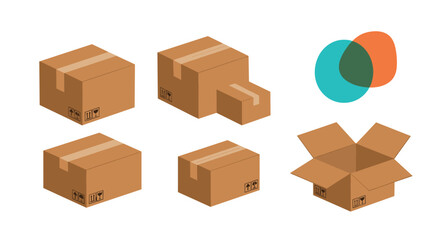 Fototapeta premium Group of cardboard shipping boxes in various sizes and states including open and closed for delivery logistics and packaging.