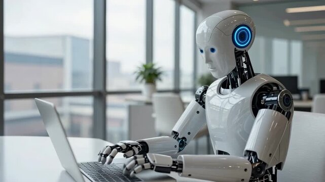 White AI robot using typing laptop keyboard digital notebook while sitting in the modern office for working technology