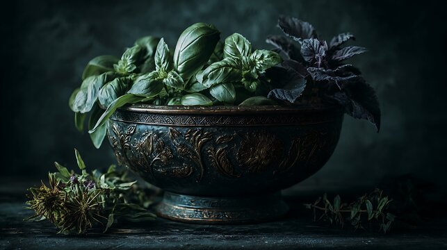 Fresh basil and dried herbs in an ornate bowl on a dark background with rosemary and thyme for culinary and medicinal use