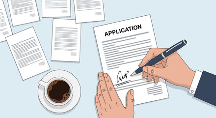 Obraz premium Top down view of hands signing a job application document with pen next to a cup of coffee and several papers on desk.
