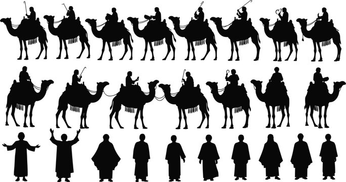 Camel rider and desert traveler silhouette set featuring nomads, traditional clothing and caravan poses for cultural, travel and Middle East theme design