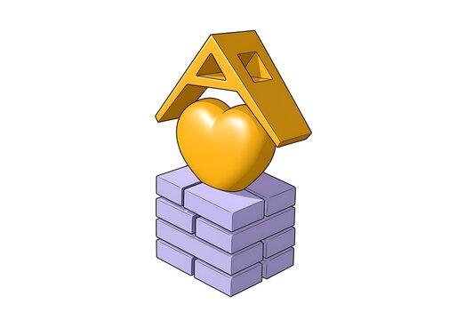 Gold heart under roof on stack of purple bricks isolated on white background