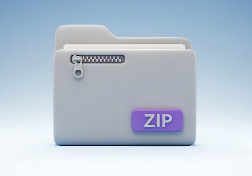 Grey computer zip file folder icon with purple label on blue background  file compression symbol