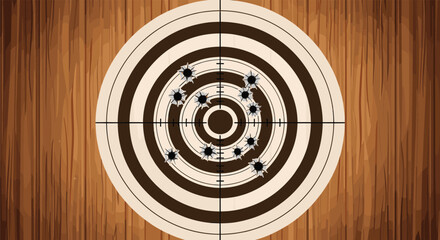 Shooting range target with multiple bullet hole impacts on a wooden background representing marksmanship practice.