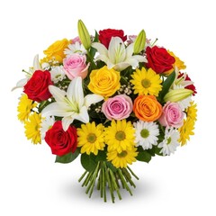 Obraz premium Vibrant bouquet of mixed flowers in full bloom with green leaves