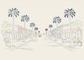 Abbot Kinney Boulevard Inspired Street Scene in Los Angeles Minimal Line Art © Miwako
