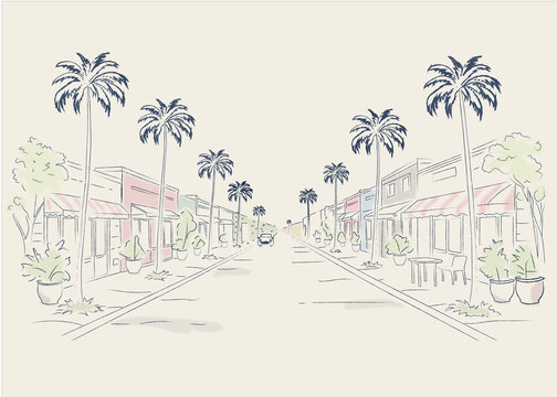 Abbot Kinney Boulevard Inspired Street Scene in Los Angeles Minimal Line Art