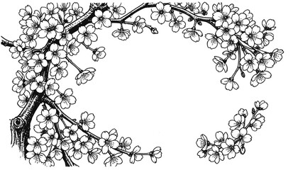 Fototapeta premium Cherry blossom frame line art border isolated on transparent background, elegant floral sakura branches forming decorative frame for spring design and vector illustration.