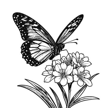 Butterfly resting on blooming flowers in vintage engraving style, detailed botanical illustration ideal for nature themes, wildlife design and elegant decorative artwork
