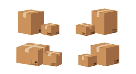 Fototapeta premium Set of four different cardboard box groupings in various sizes and orientations for shipping logistics and moving services concepts.