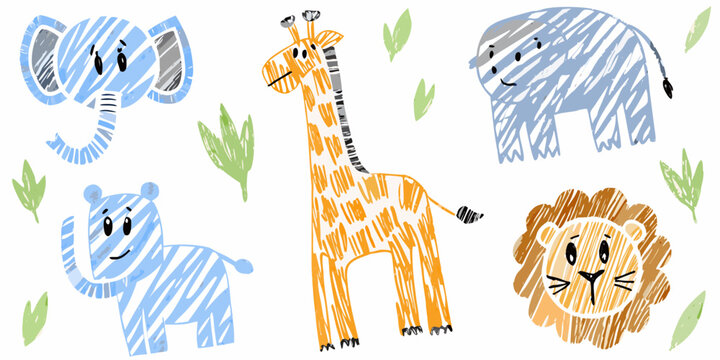 Colorful childlike drawings of an elephant giraffe rhino lion and bear