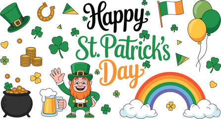 Fototapeta premium Happy St Patricks Day vector collection with leprechaun, rainbow, gold pot, beer and green clover ornaments