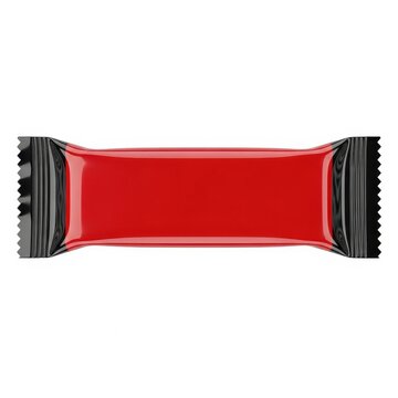 A single red flavored candy wrapper with black sealing edges on both ends
