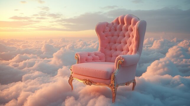 A pastel colored upholstered armchair on a white cloud in the sky