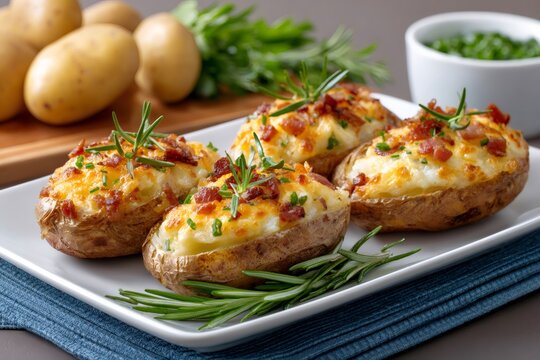 Loaded twice baked potatoes with bacon and cheese