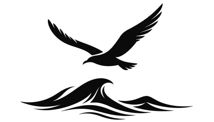 Fototapeta premium Coastal seagull flying above sea waves silhouette icon