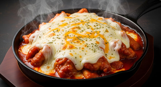 Korean Cheese Dak Galbi - Steaming Spicy Stir Fried Chicken Smothered in Melted Mozzarella Cheese on Cast Iron Skillet