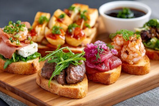 Assortment of gourmet tapas appetizers on wooden board