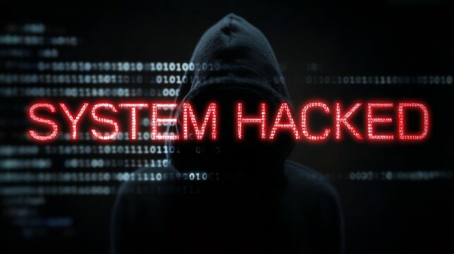 Mysterious figure in a hooded sweatshirt shrouded in shadows, with 'SYSTEM HACKED' glowing in red against a backdrop of code.