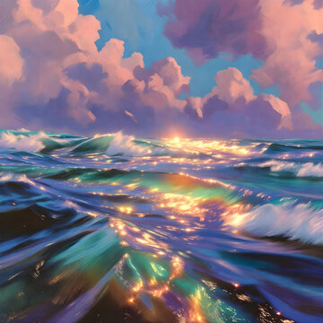 Golden sunlight shimmers on rolling ocean waves under a pastel sky with dramatic clouds.