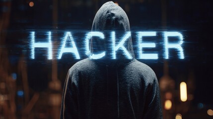 Obraz premium Mysterious hacker wearing a hoodie, illuminated by blue light, creating an intense and suspenseful atmosphere.