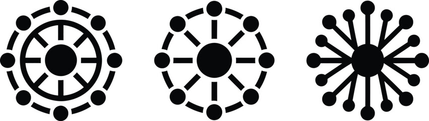 Obraz premium Radial network topology connection icons set of hub and spoke centralized and decentralized connection systems. Network connectivity, information distribution, and organizational hierarchy.