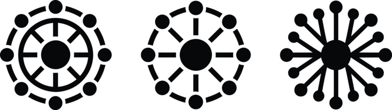 Radial network topology  connection icons set of hub and spoke centralized and decentralized connection systems. Network connectivity, information distribution, and organizational hierarchy.
