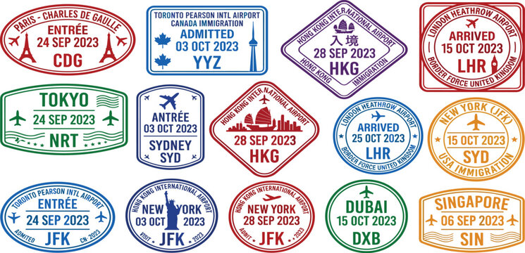 Collection of travel passport stamps from various international airports around the world