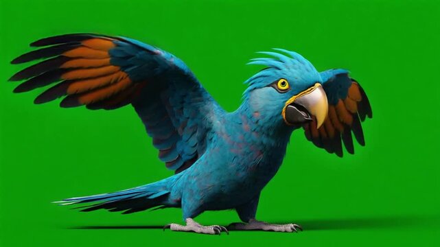 Vibrant blue parrot with spread wings on green background