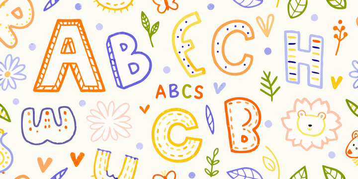 Colorful alphabet letters and whimsical illustrations create a playful pattern