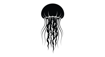 A minimalist black silhouette of a jellyfish with flowing tentacles © farhan