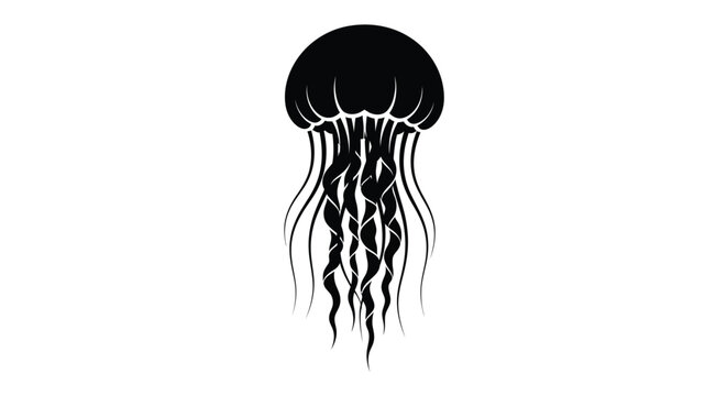 A minimalist black silhouette of a jellyfish with flowing tentacles