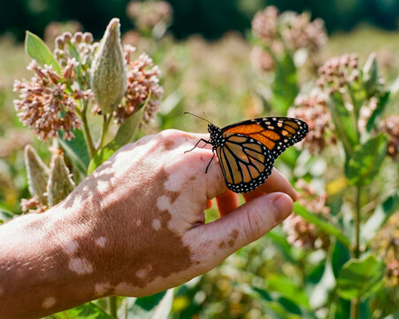 Vitiligo skin hand with monarch butterfly in wild meadow, inclusivity and self-acceptance visuals for healthcare awareness campaigns, blogs and educational posters