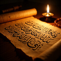 Fototapeta premium Arabic Calligraphy Manuscript on Vintage Paper with Candlelight