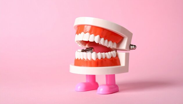 Red chattering teeth toy with googly eye