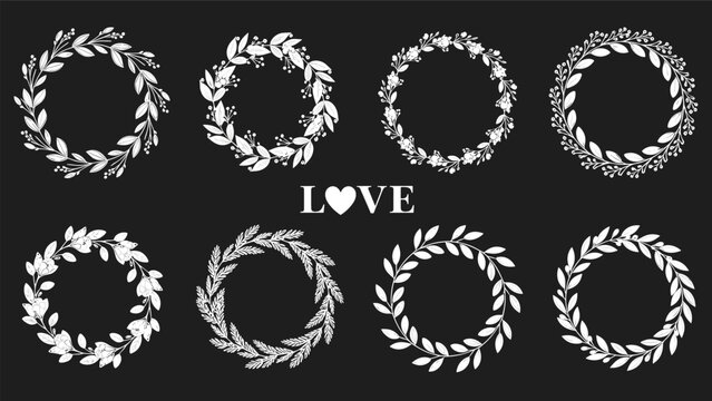 Collection of eight elegant white floral wreaths in various styles on a black background with central love lettering.
