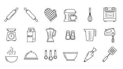 Fototapeta premium Set of monochrome line icons for various kitchen tools and baking equipment used in professional cooking and food preparation.