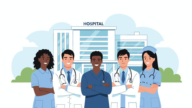 Team of diverse doctors and nurses smiling in front of a modern hospital building representing inclusive healthcare services.