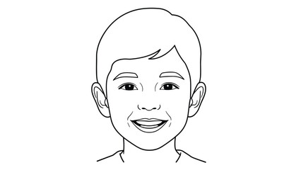 Fototapeta premium Line art illustration of smiling young boys face with short hair showing happy expression and friendly features on white.
