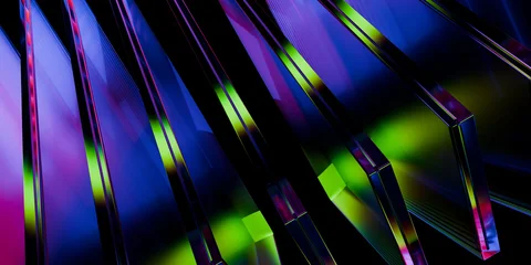 Cyber elements made of transparent glass and liquid acrylic purple blue glow on black backdrop cinematic tech background design cover art visuals 3d rendering © IM_VISUALS