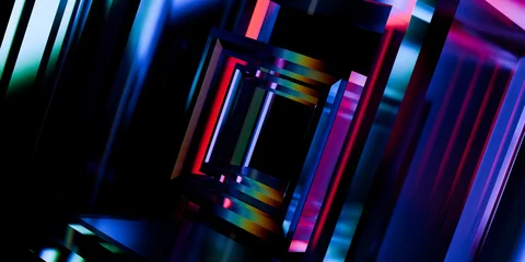 Cyber elements made of transparent glass and liquid acrylic purple blue glow on black backdrop cinematic tech background design cover art visuals 3d rendering © IM_VISUALS