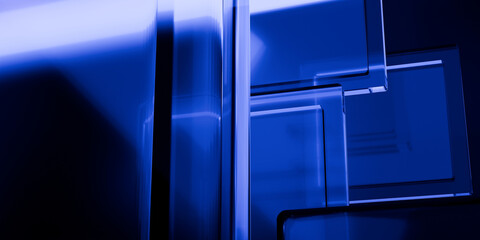 Cyber elements made of transparent glass and liquid acrylic purple blue glow on black backdrop cinematic tech background design cover art visuals 3d rendering © IM_VISUALS