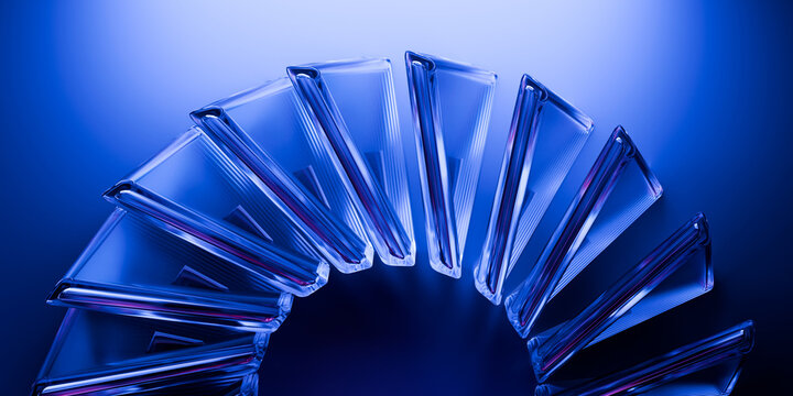 Cyber elements made of transparent glass and liquid acrylic purple blue glow on black backdrop cinematic tech background design cover art visuals 3d rendering