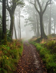 Obraz premium A serene forest path shrouded in mist and lined with trees