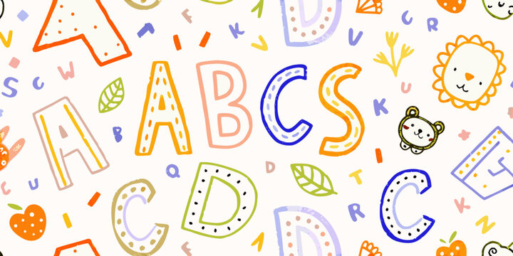 Colorful alphabet and animal doodles create a playful educational pattern