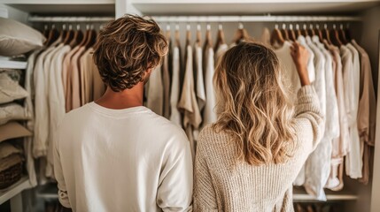 Obraz premium Two people browse clothes in a soft-lit closet. They choose garments with calm, focused expressions. The space feels cozy, warm, and intimate. Ideal for lifestyle, shopping, or home decor themes