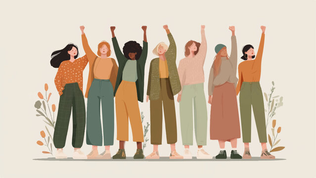 Vector illustration of 6 diverse women with raised arms in solidarity