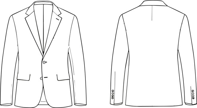 Mens classic blazer jacket front and back view outline fashion template minimalist line drawing for tailoring clothing design mockup apparel technical sketch vector